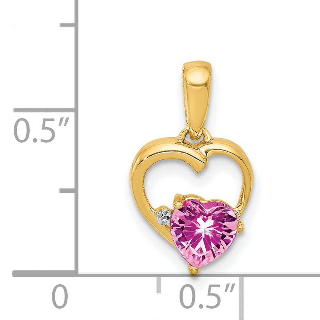 14k Yellow Gold Pendant with Pink Heart Lab Created Sapphire and Diamond Accent, Open Heart Design