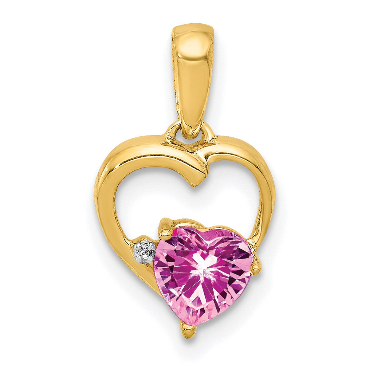 14k Yellow Gold Pendant with Pink Heart Lab Created Sapphire and Diamond Accent, Open Heart Design