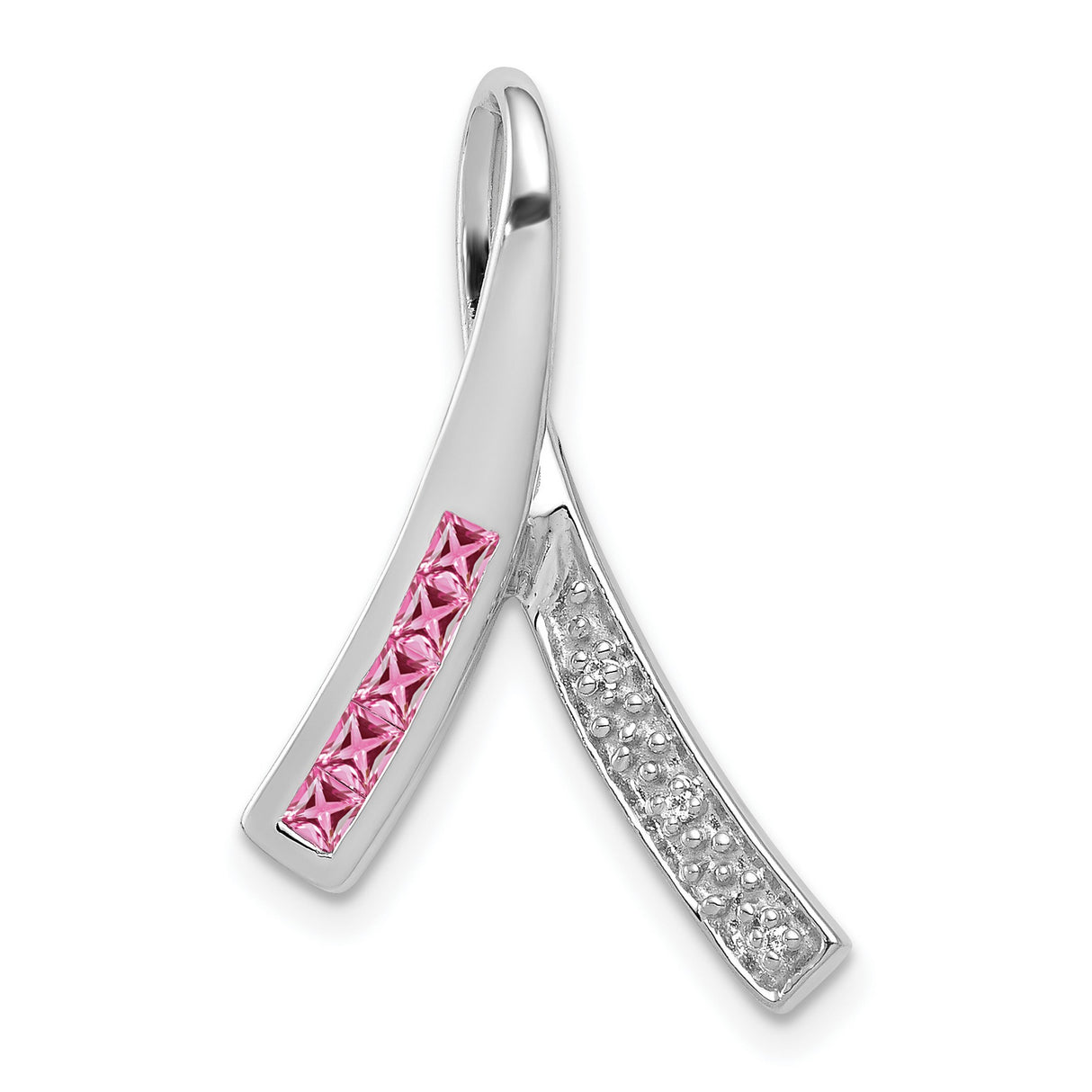 14k White Gold Ribbon Pendant with Pink Sapphire and Diamond, Breast Cancer Awareness Jewelry