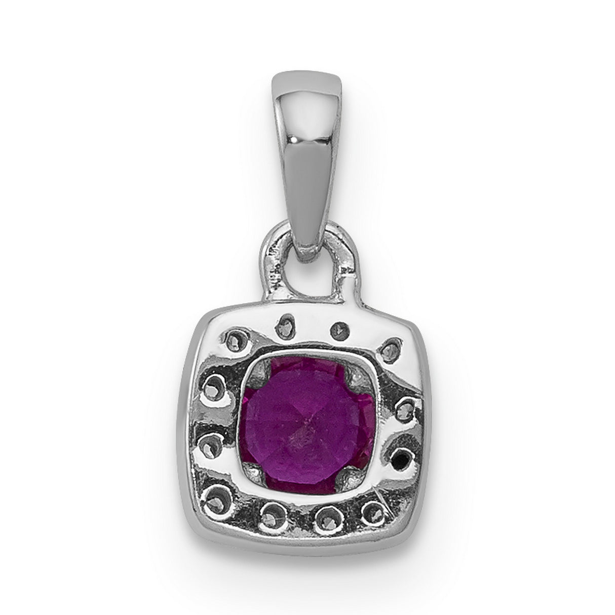Diamond and .20 Ruby Square Halo Charm Pendant in Real 14k White Gold