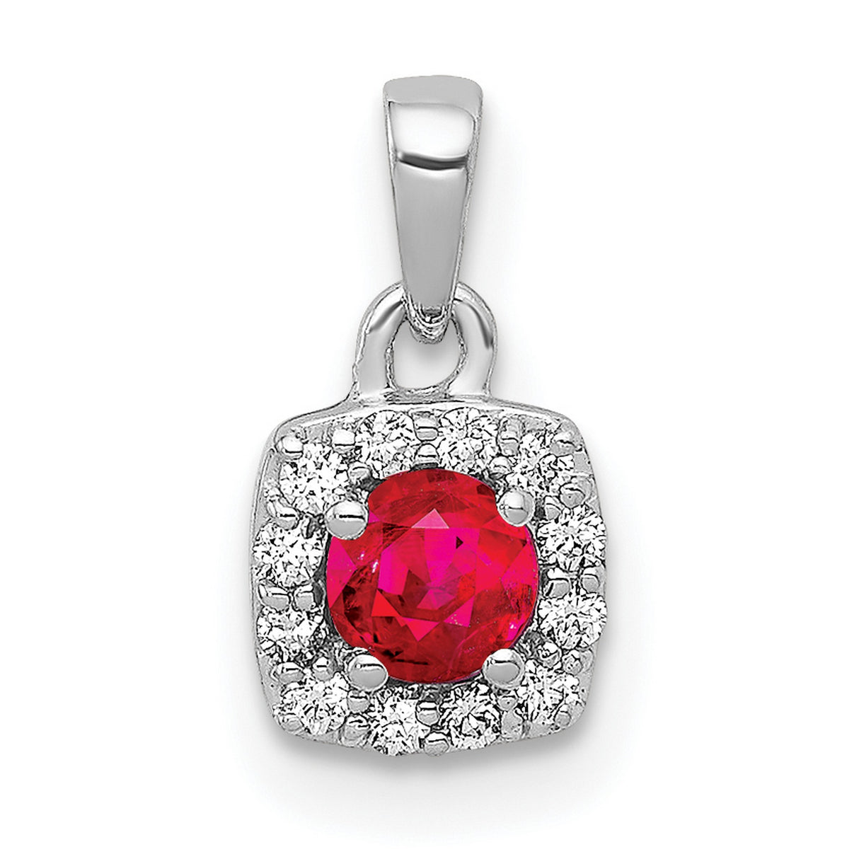 Diamond and .20 Ruby Square Halo Charm Pendant in Real 14k White Gold