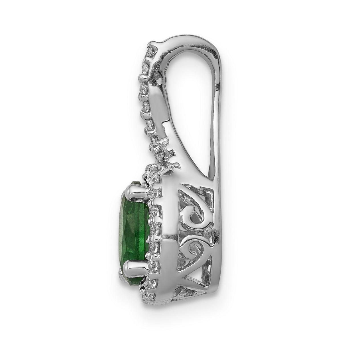 Diamond and Oval Emerald Halo Charm Pendant in Real 14k White Gold