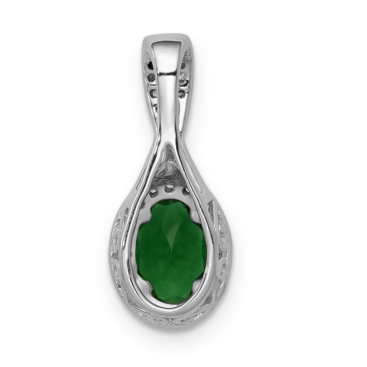Diamond and Oval Emerald Halo Charm Pendant in Real 14k White Gold