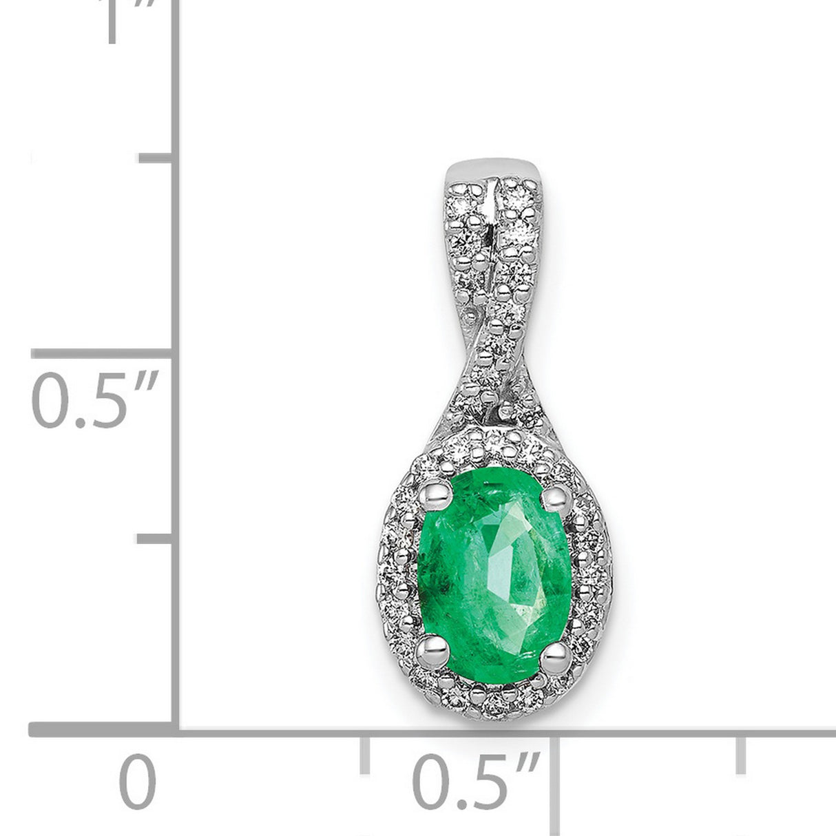 Diamond and Oval Emerald Halo Charm Pendant in Real 14k White Gold