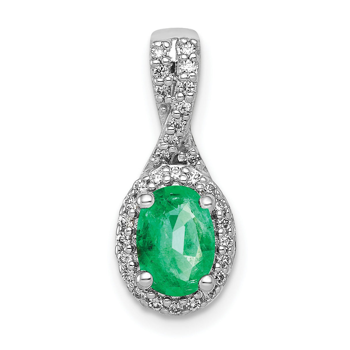 Diamond and Oval Emerald Halo Charm Pendant in Real 14k White Gold