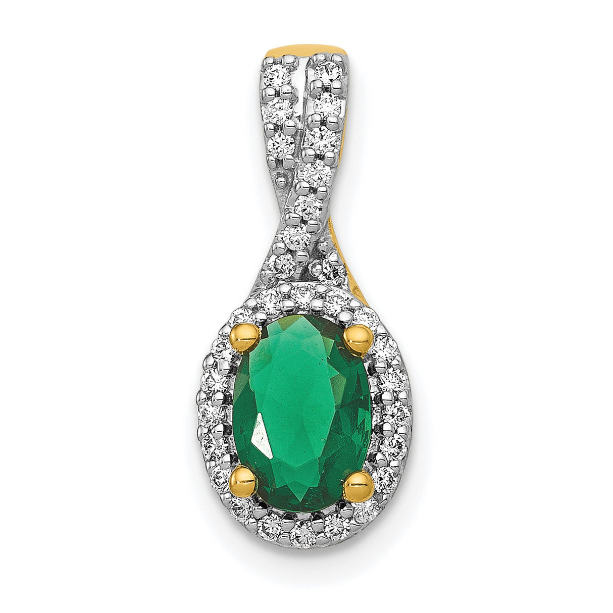 Diamond and Oval Emerald Halo Charm Pendant in Real 14k Yellow Gold