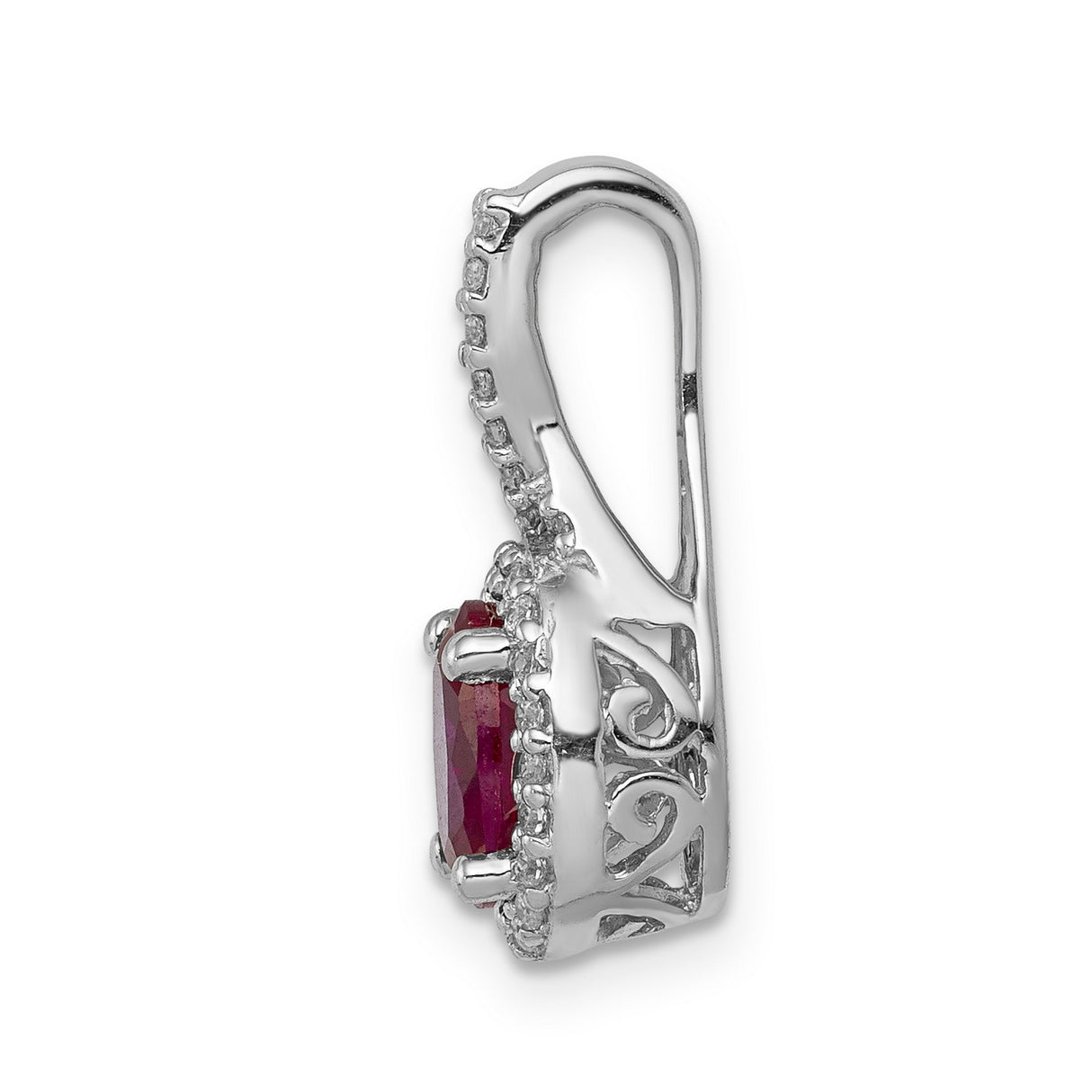 Diamond and Oval Ruby Halo Charm Pendant in Real 14k White Gold