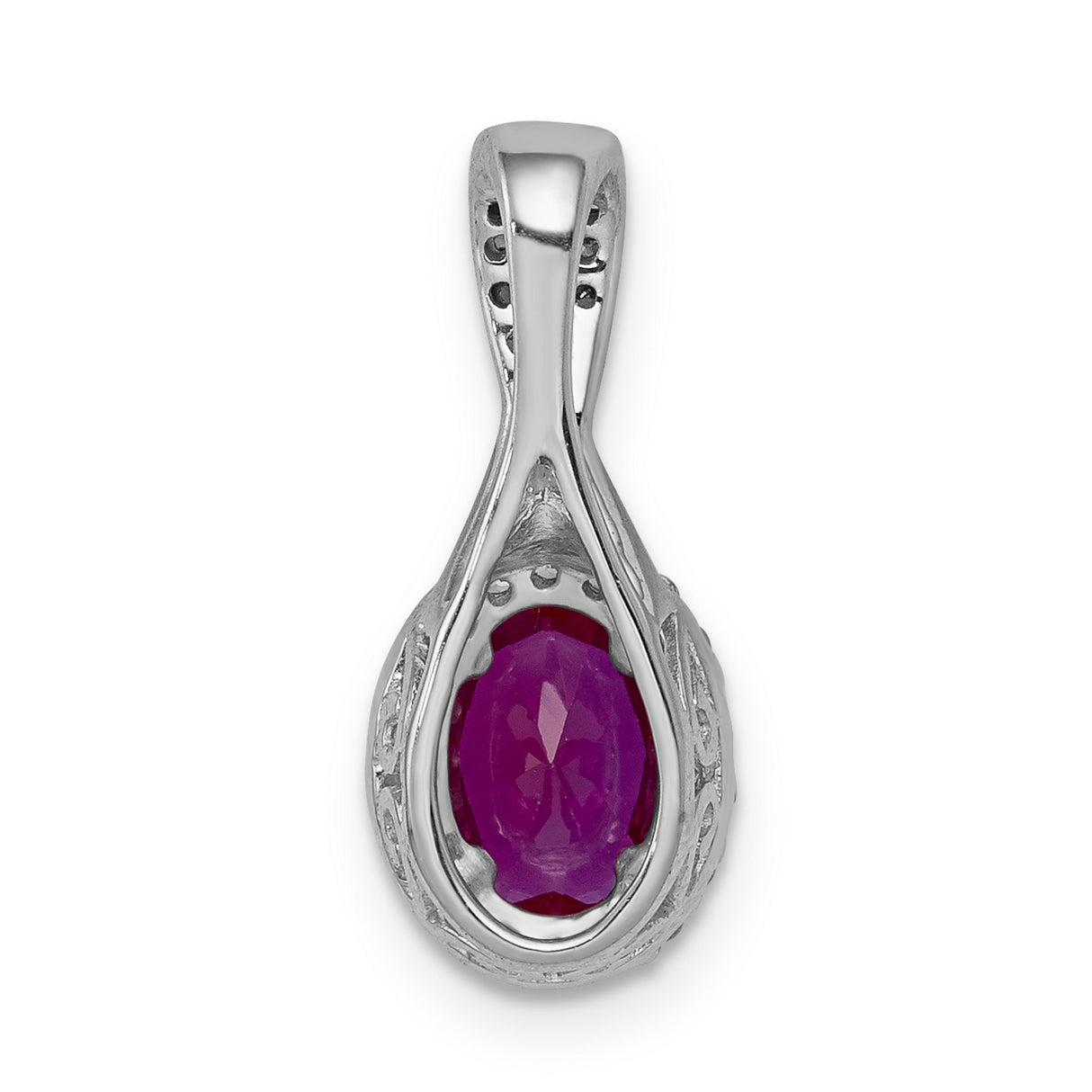 Diamond and Oval Ruby Halo Charm Pendant in Real 14k White Gold