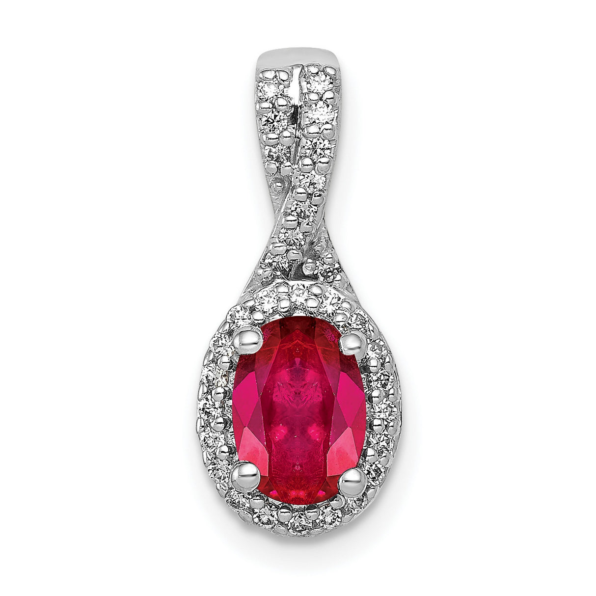 Diamond and Oval Ruby Halo Charm Pendant in Real 14k White Gold