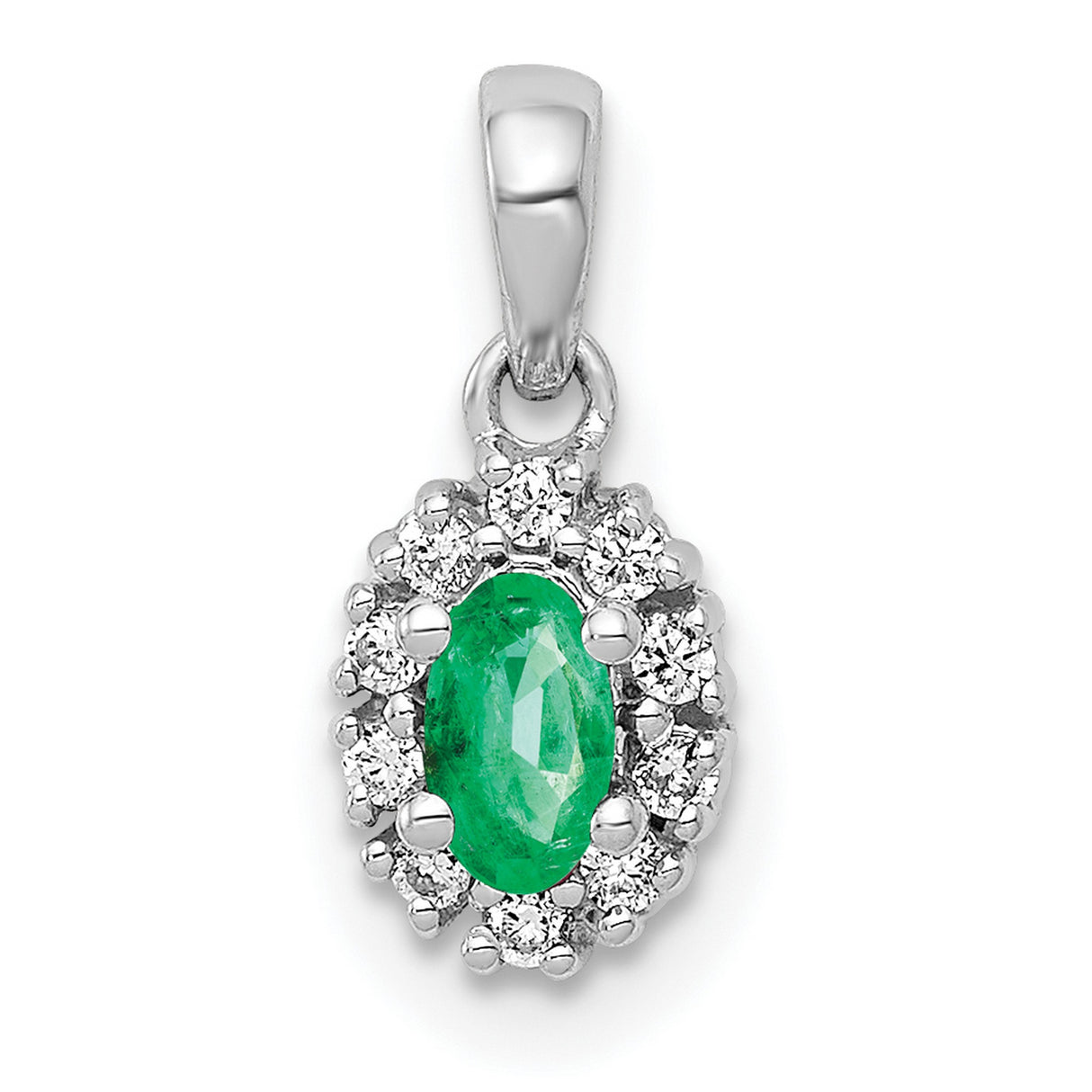 Diamond and Oval Emerald Halo Charm Pendant in Real 14k White Gold