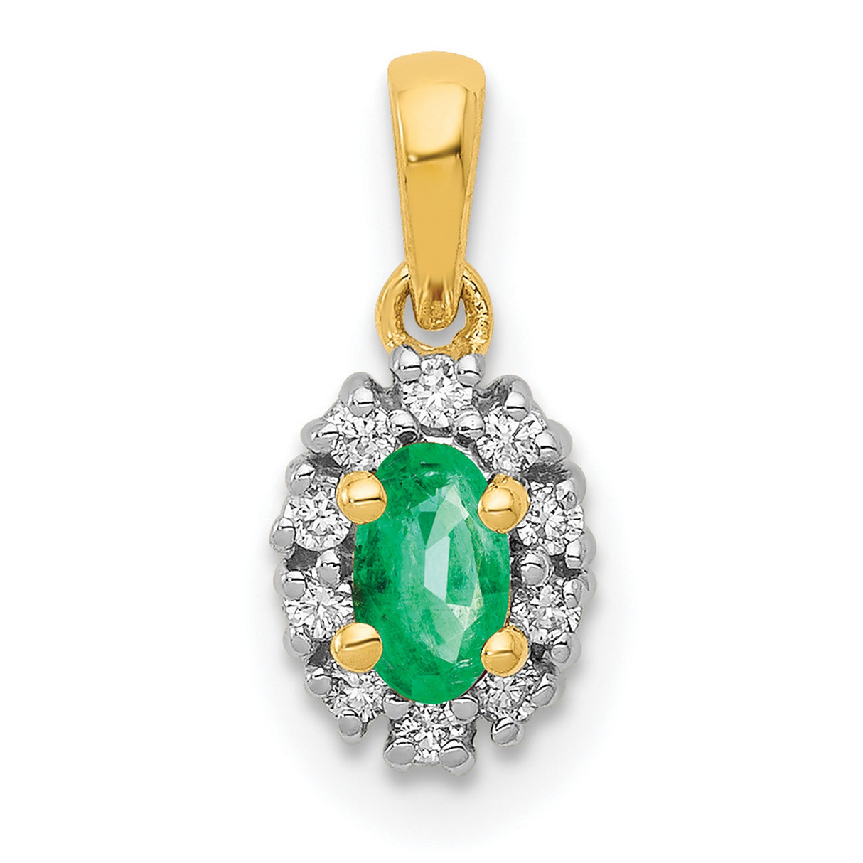 Diamond and Oval Emerald Charm Pendant in Real 14k Multi-Tone Gold