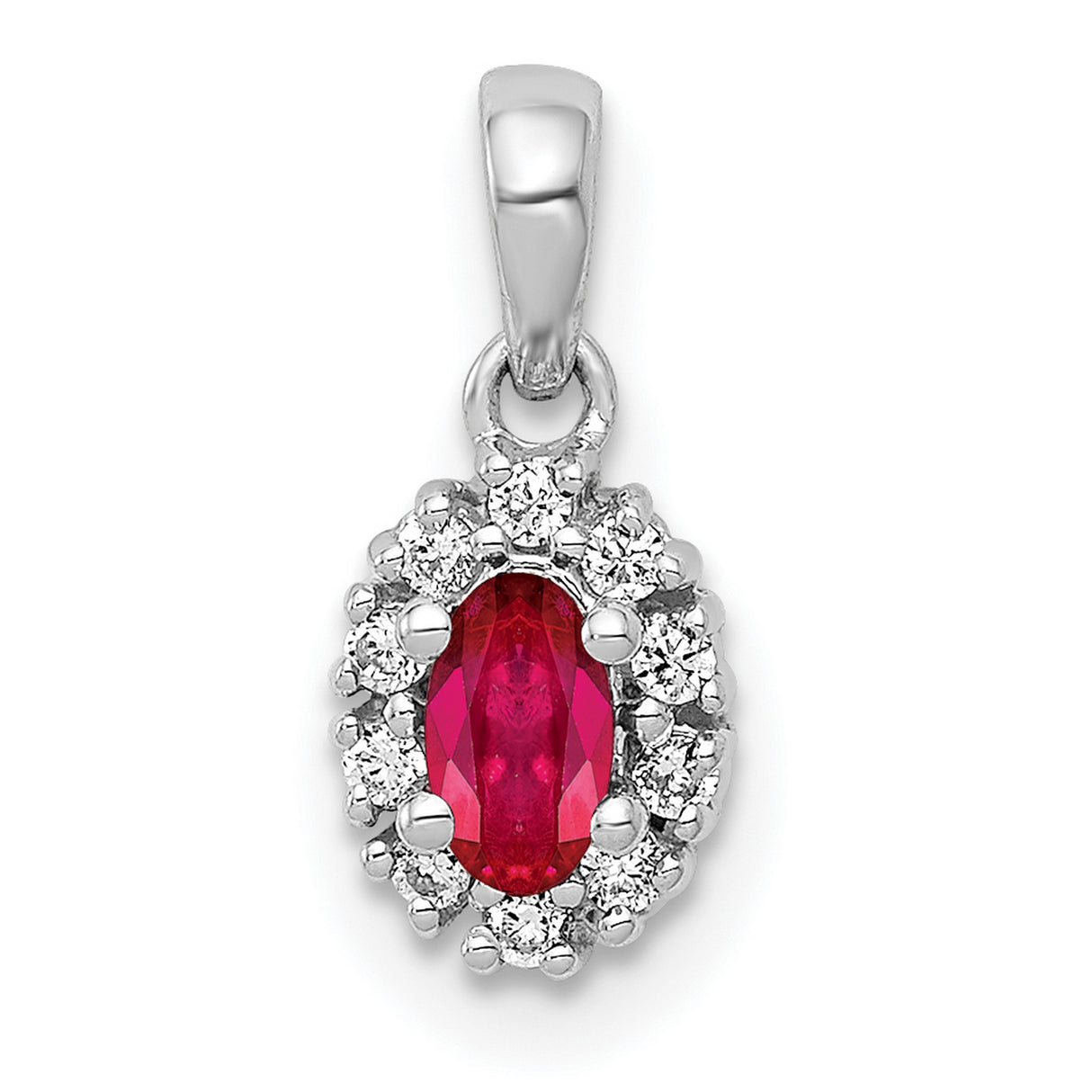 Diamond and .32 Oval Ruby Halo Charm Pendant in Real 14k White Gold