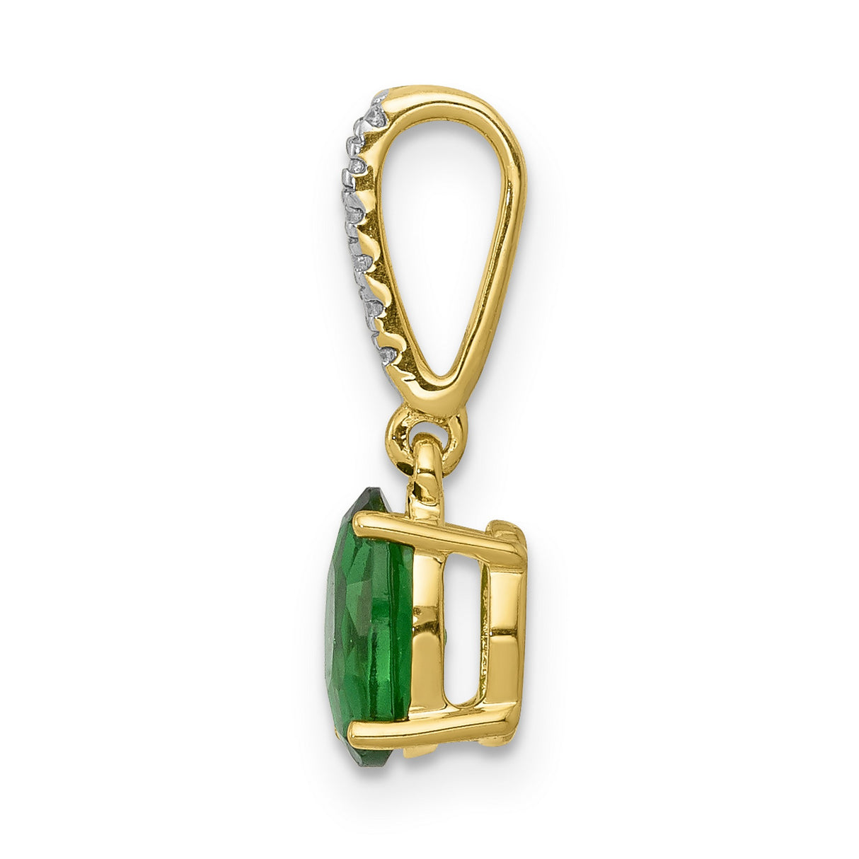 Diamond and Oval Emerald Charm Pendant in Real 14k Yellow Gold