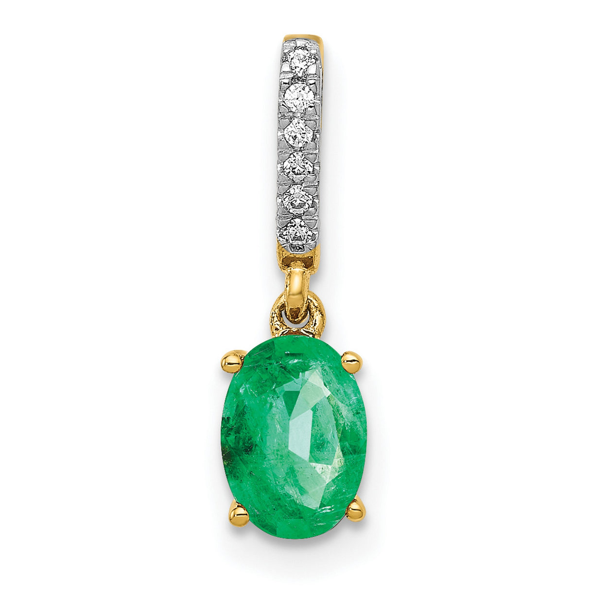 Diamond and Oval Emerald Charm Pendant in Real 14k Yellow Gold