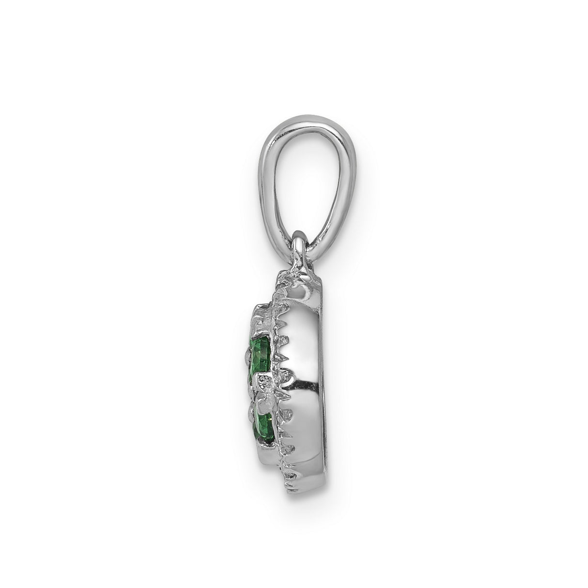 14k White Gold Floral Pendant with Green Emerald Cluster and Diamond Halo