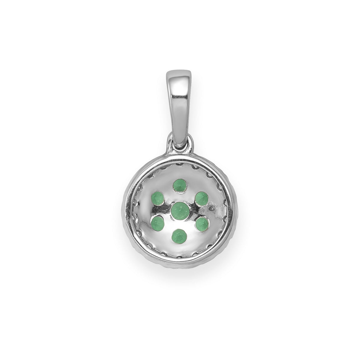 14k White Gold Floral Pendant with Green Emerald Cluster and Diamond Halo