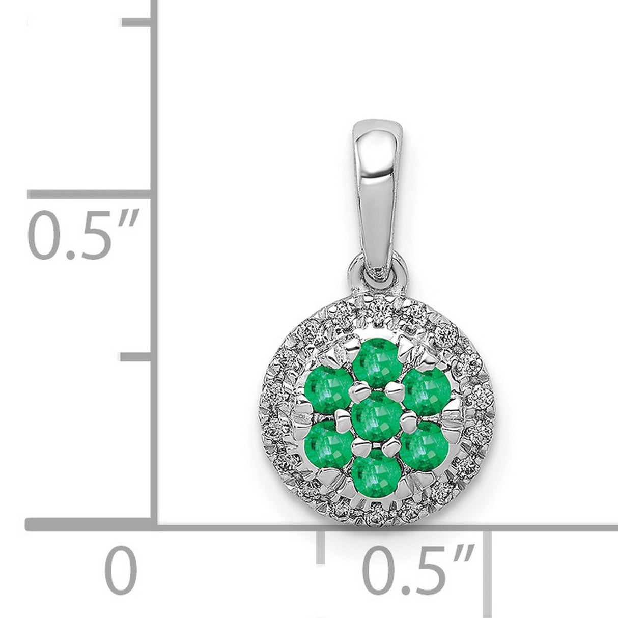 14k White Gold Floral Pendant with Green Emerald Cluster and Diamond Halo