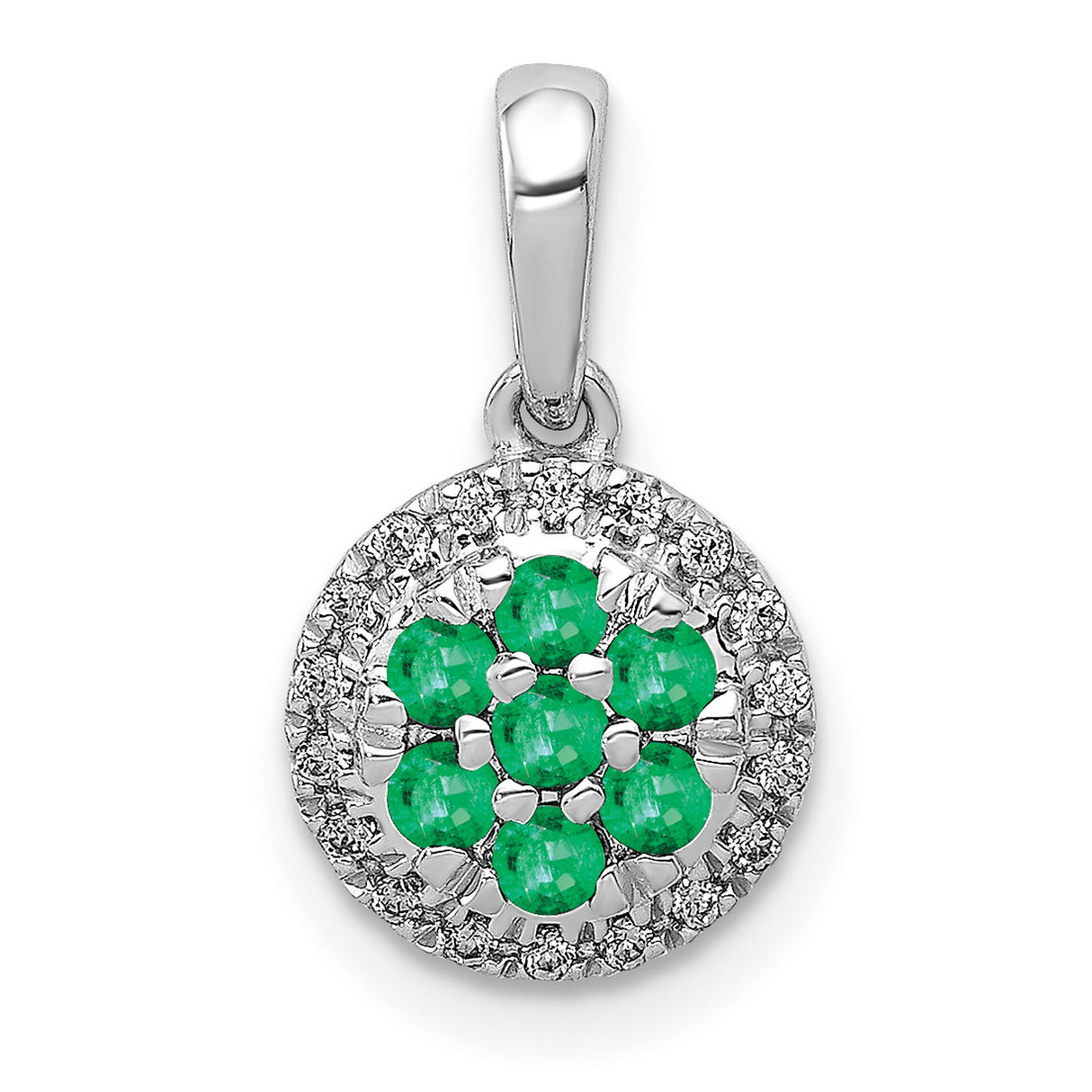 14k White Gold Floral Pendant with Green Emerald Cluster and Diamond Halo