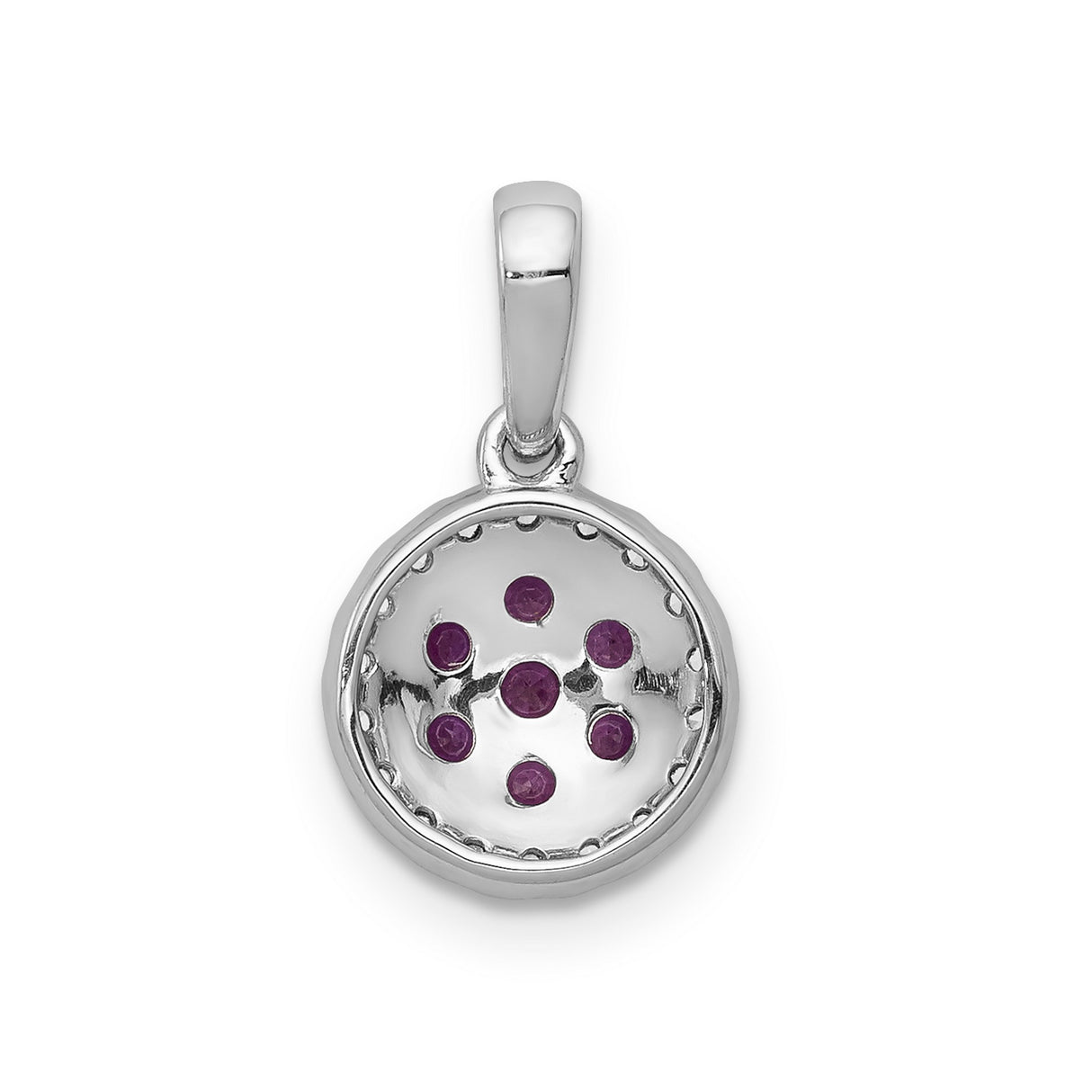 14k White Gold Flower Pendant with Ruby Cluster and Diamond Halo