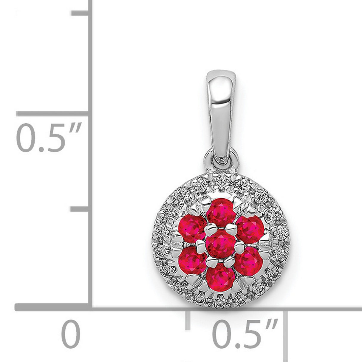 14k White Gold Flower Pendant with Ruby Cluster and Diamond Halo