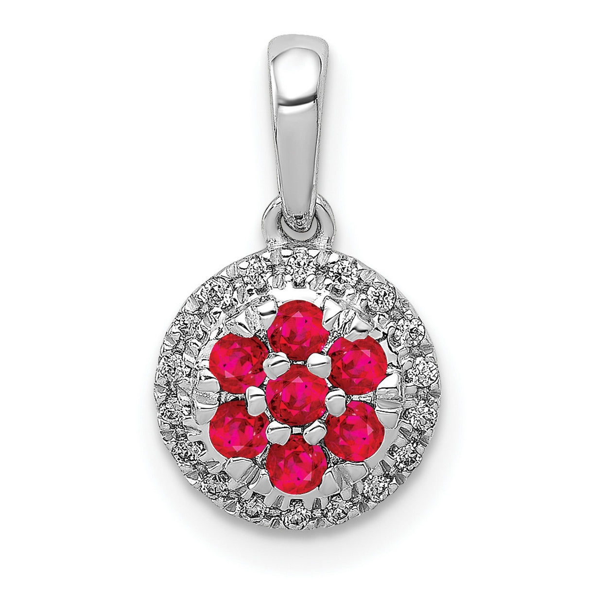 14k White Gold Flower Pendant with Ruby Cluster and Diamond Halo
