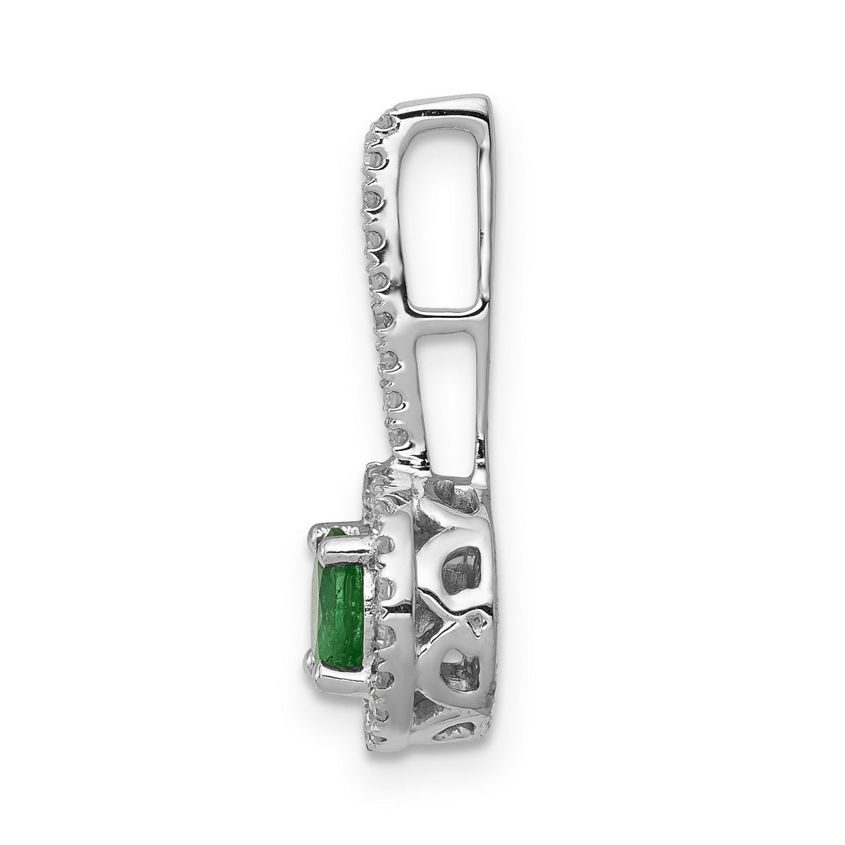 Diamond and Emerald Halo Charm Pendant in Real 14k White Gold