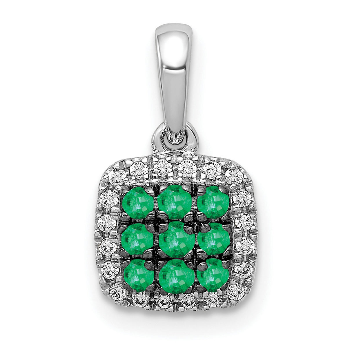 14k White Gold Pendant with Nine Green Emeralds and Diamond Halo Cushion Design