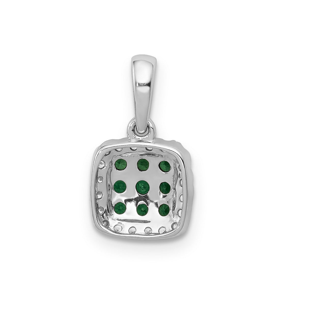 14k White Gold Pendant with Nine Green Emeralds and Diamond Halo Cushion Design