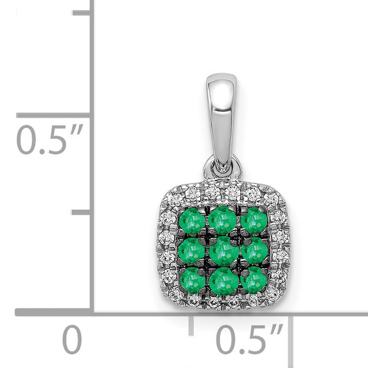 14k White Gold Pendant with Nine Green Emeralds and Diamond Halo Cushion Design