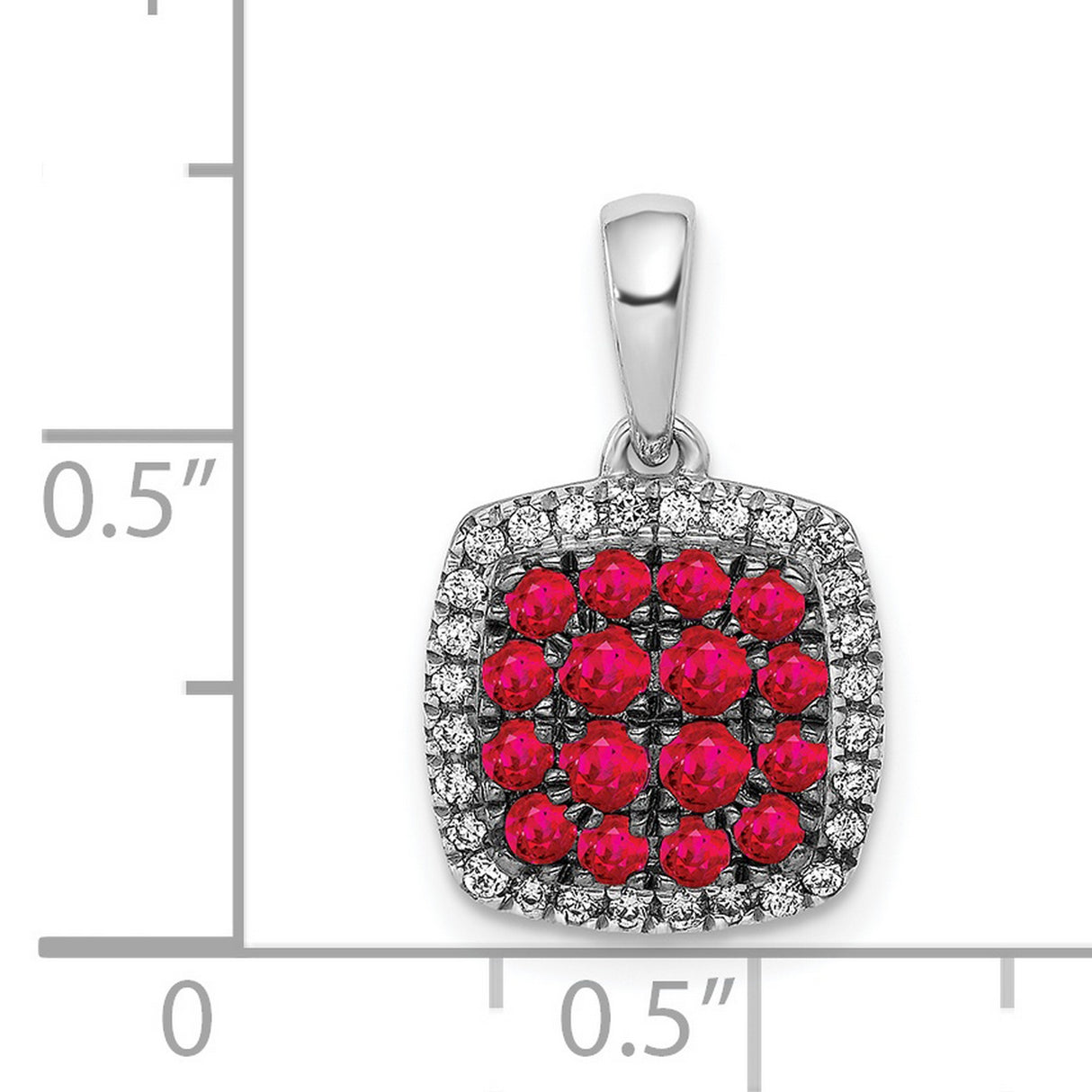 14k White Gold Pendant with Ruby, Diamond Accents, and Square Halo Design
