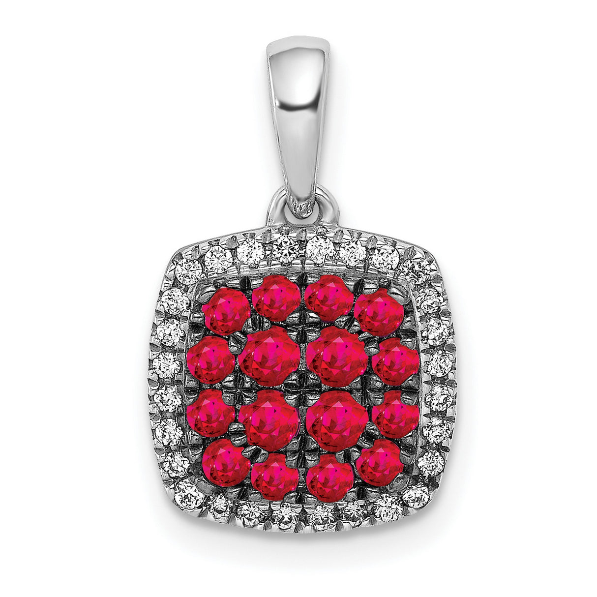 14k White Gold Pendant with Ruby, Diamond Accents, and Square Halo Design