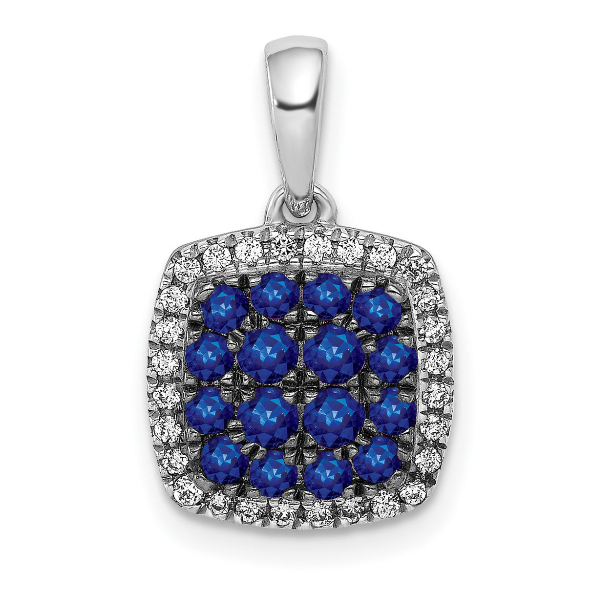 14k White Gold Pendant with Sapphire, Cushion Cut Blue Gemstone and Diamond Halo