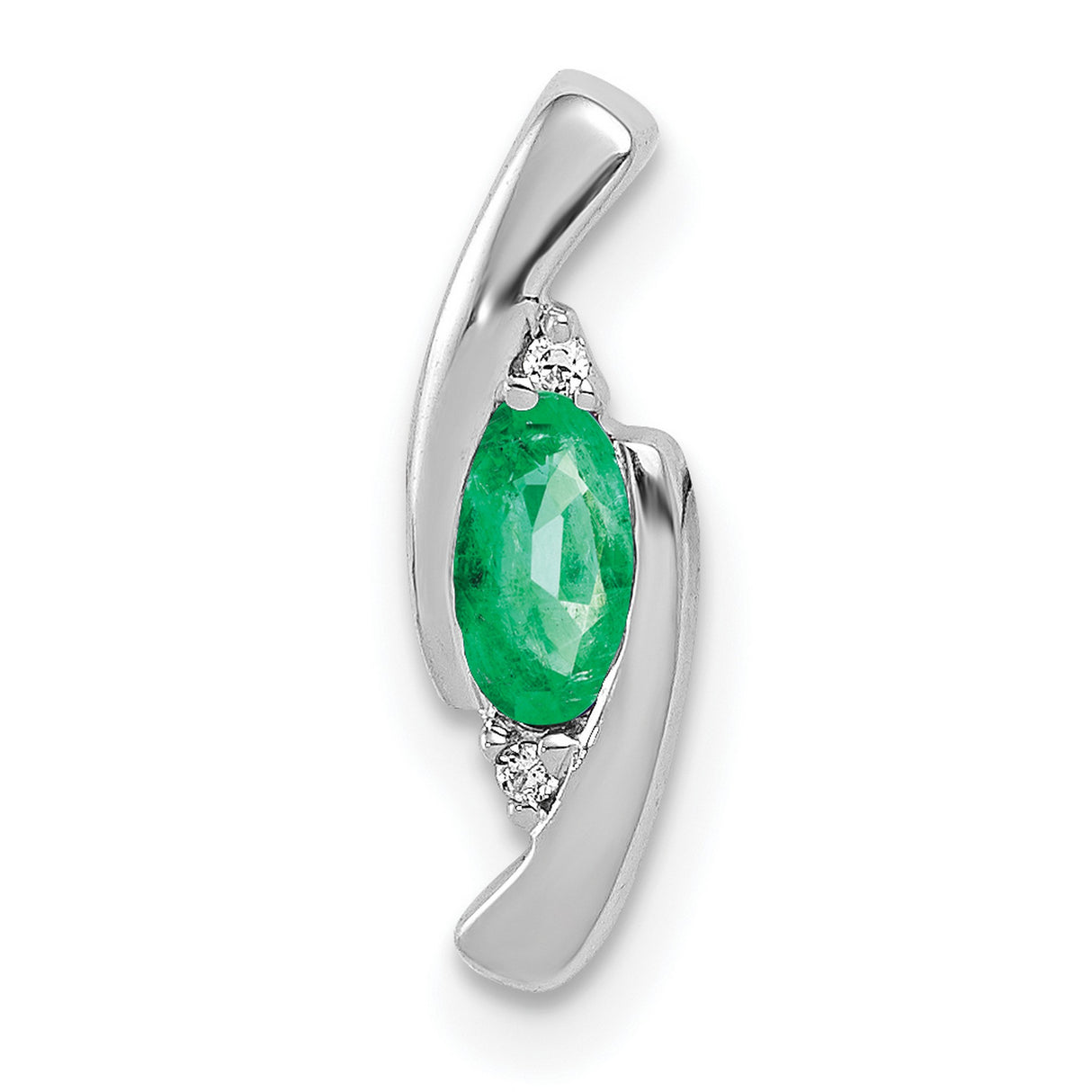 14k White Gold Emerald Pendant with Diamond Accents, Oval Cut, Modern Abstract Design for Women