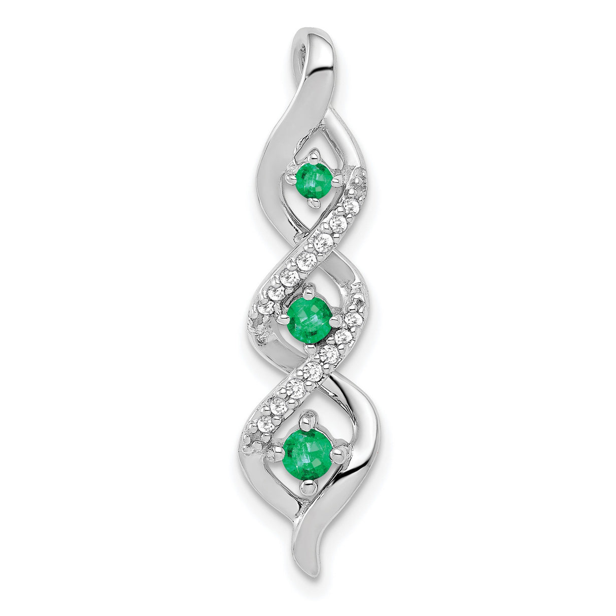 10k White Gold Pendant with Emeralds and Accent Diamonds, Twist Swirl Design for Women