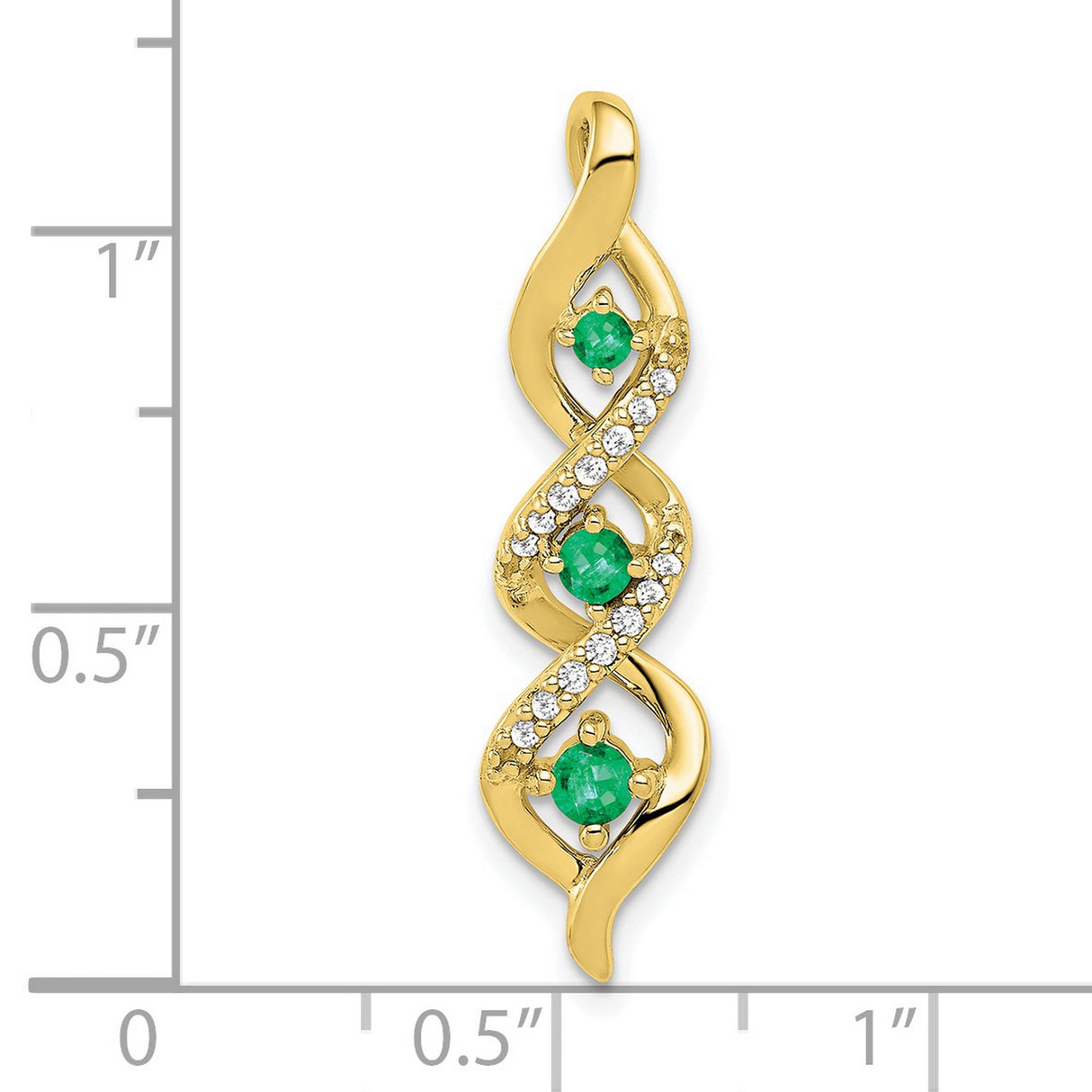 3-stone Twisted Diamond and Emerald Chain Slide Charm Pendant in Real 10k Yellow Gold