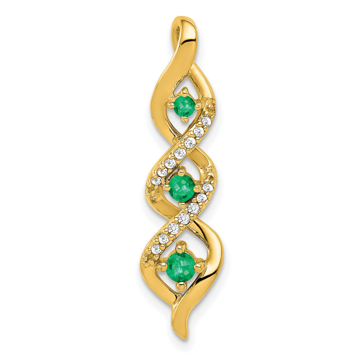 3-stone Twisted Diamond and Emerald Chain Slide Charm Pendant in Real 10k Yellow Gold