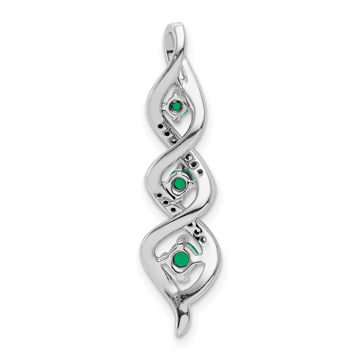 14k White Gold Pendant with Three Emeralds, Flowing Twist Design, Accent Diamonds, May Birthstone
