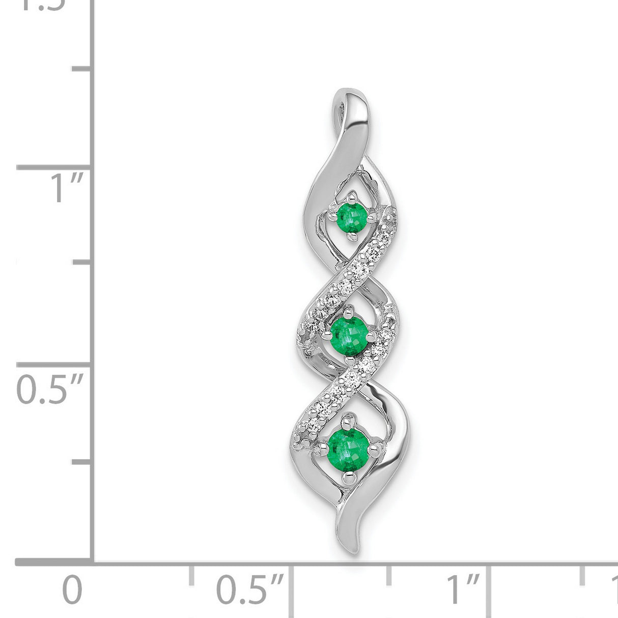14k White Gold Pendant with Three Emeralds, Flowing Twist Design, Accent Diamonds, May Birthstone