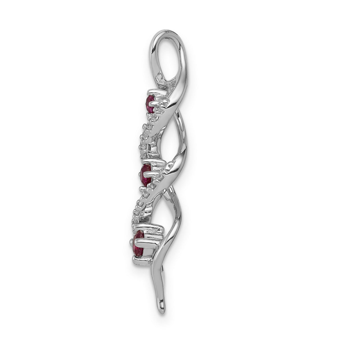14k White Gold Pendant with Three Round Rubies, Infinity Swirl Design, Pavé Accents