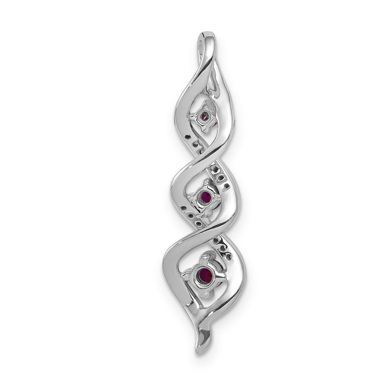14k White Gold Pendant with Three Round Rubies, Infinity Swirl Design, Pavé Accents