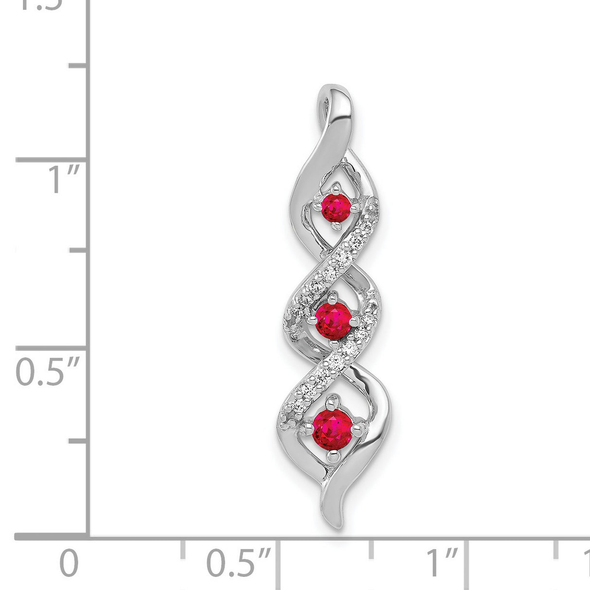 14k White Gold Pendant with Three Round Rubies, Infinity Swirl Design, Pavé Accents