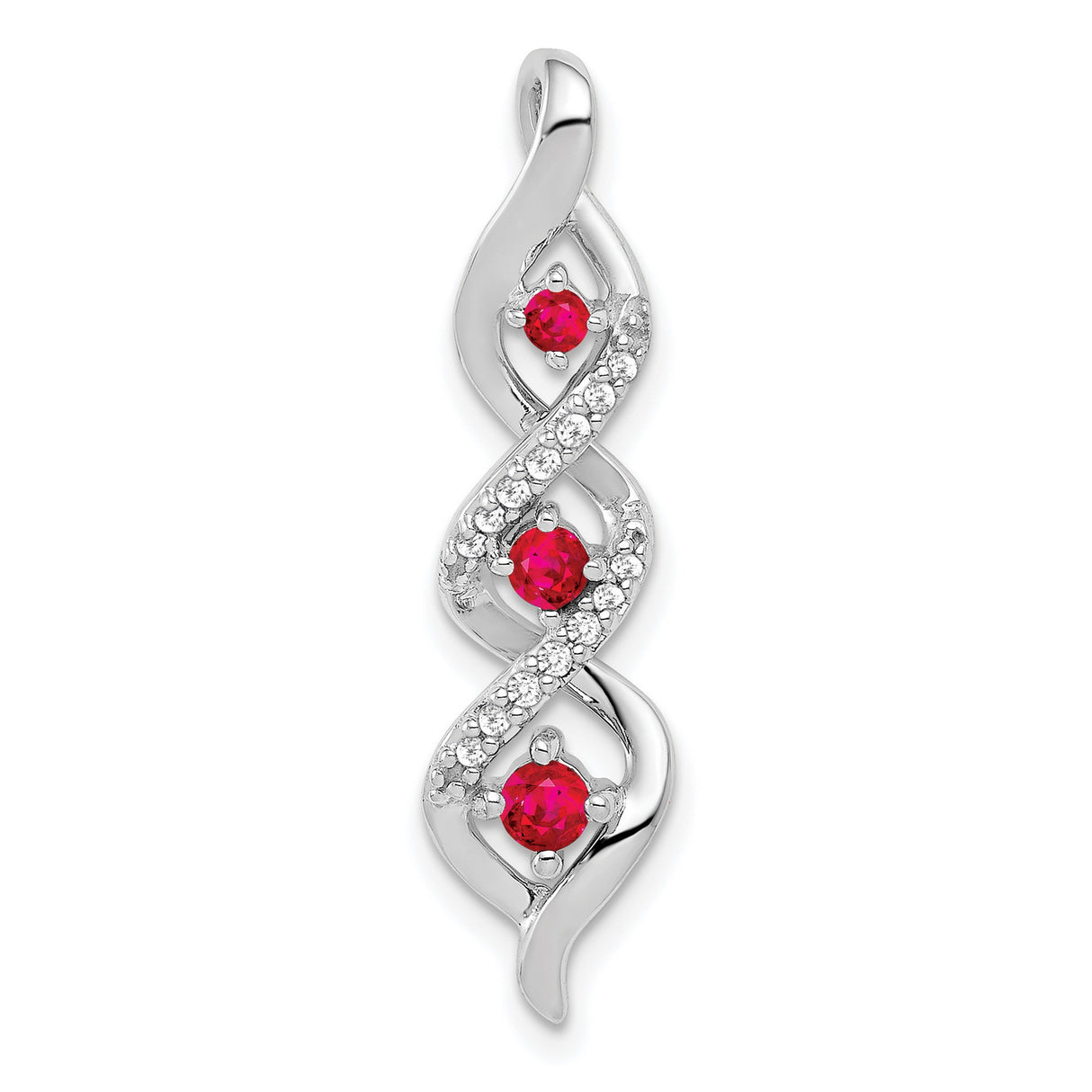 14k White Gold Pendant with Three Round Rubies, Infinity Swirl Design, Pavé Accents