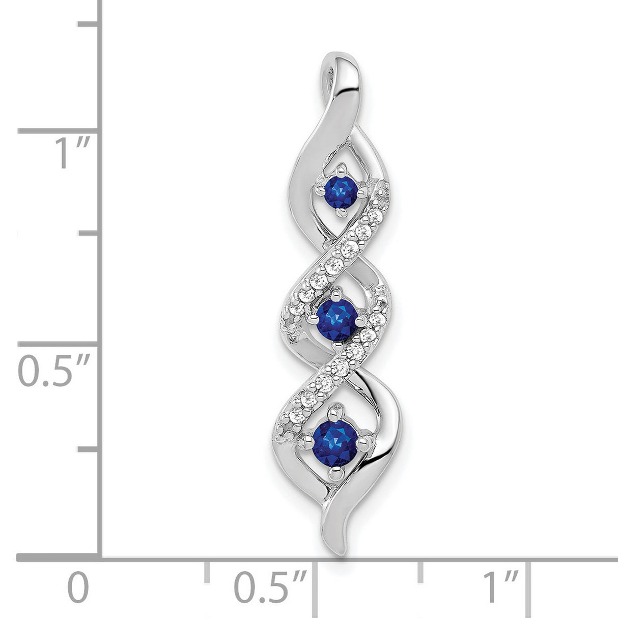 10k White Gold Pendant with Three Round Blue Sapphires, Accent Diamonds, Twisted Swirl Design