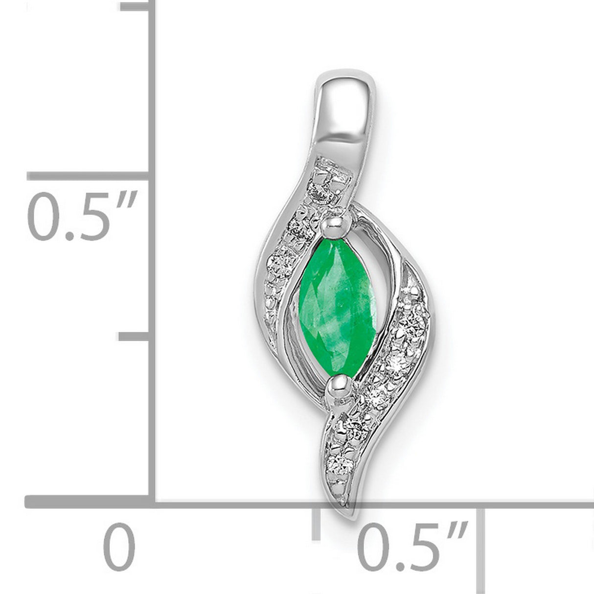 10k White Gold Pendant with Marquise Cut Green Emerald and Diamond Accents, Leaf Design