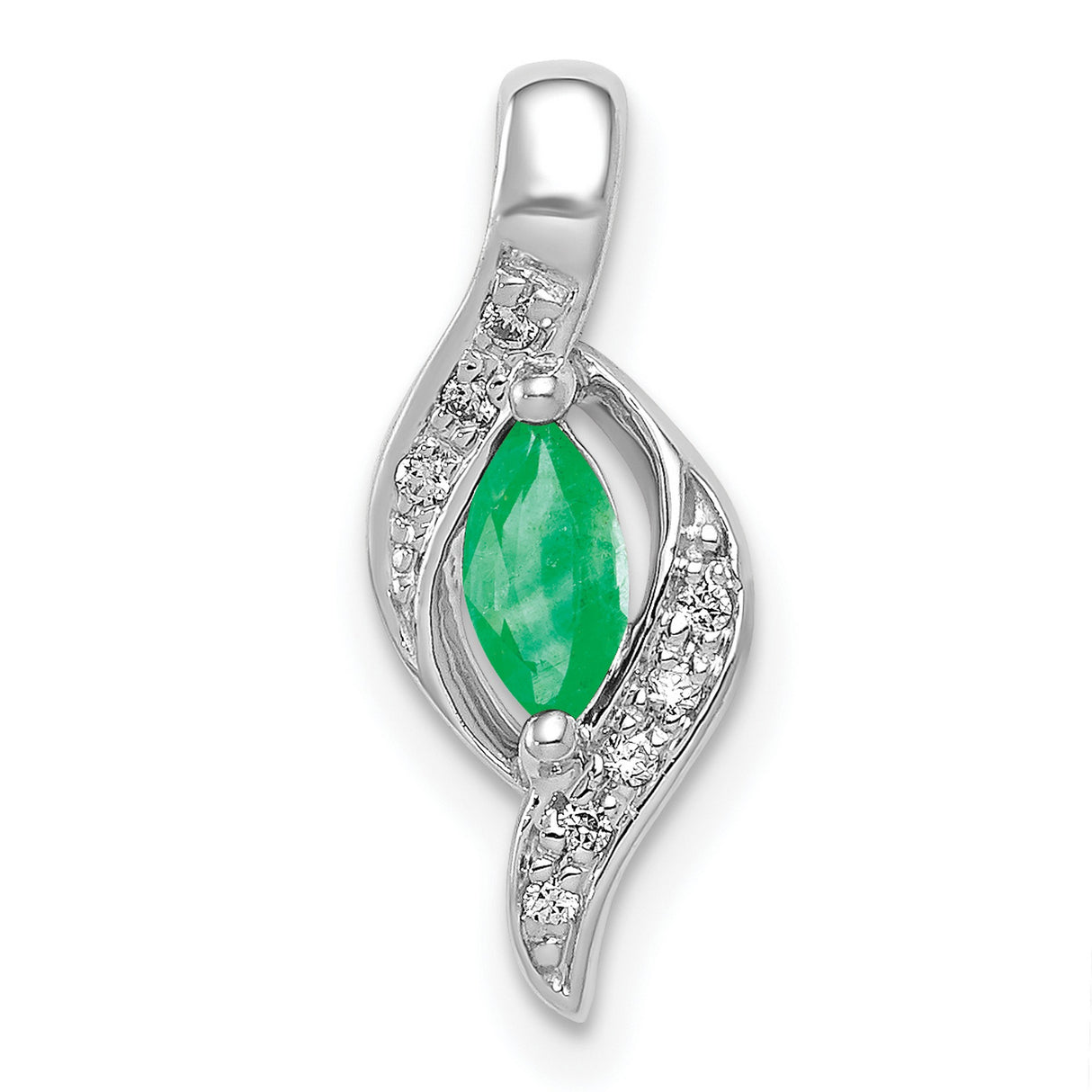 10k White Gold Pendant with Marquise Cut Green Emerald and Diamond Accents, Leaf Design