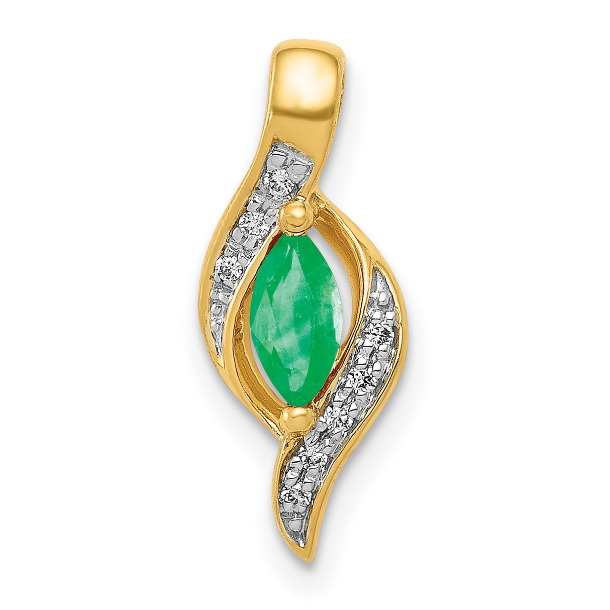 10k Yellow Gold Pendant with Marquise Green Emerald and Diamond Accents, Flowing Design