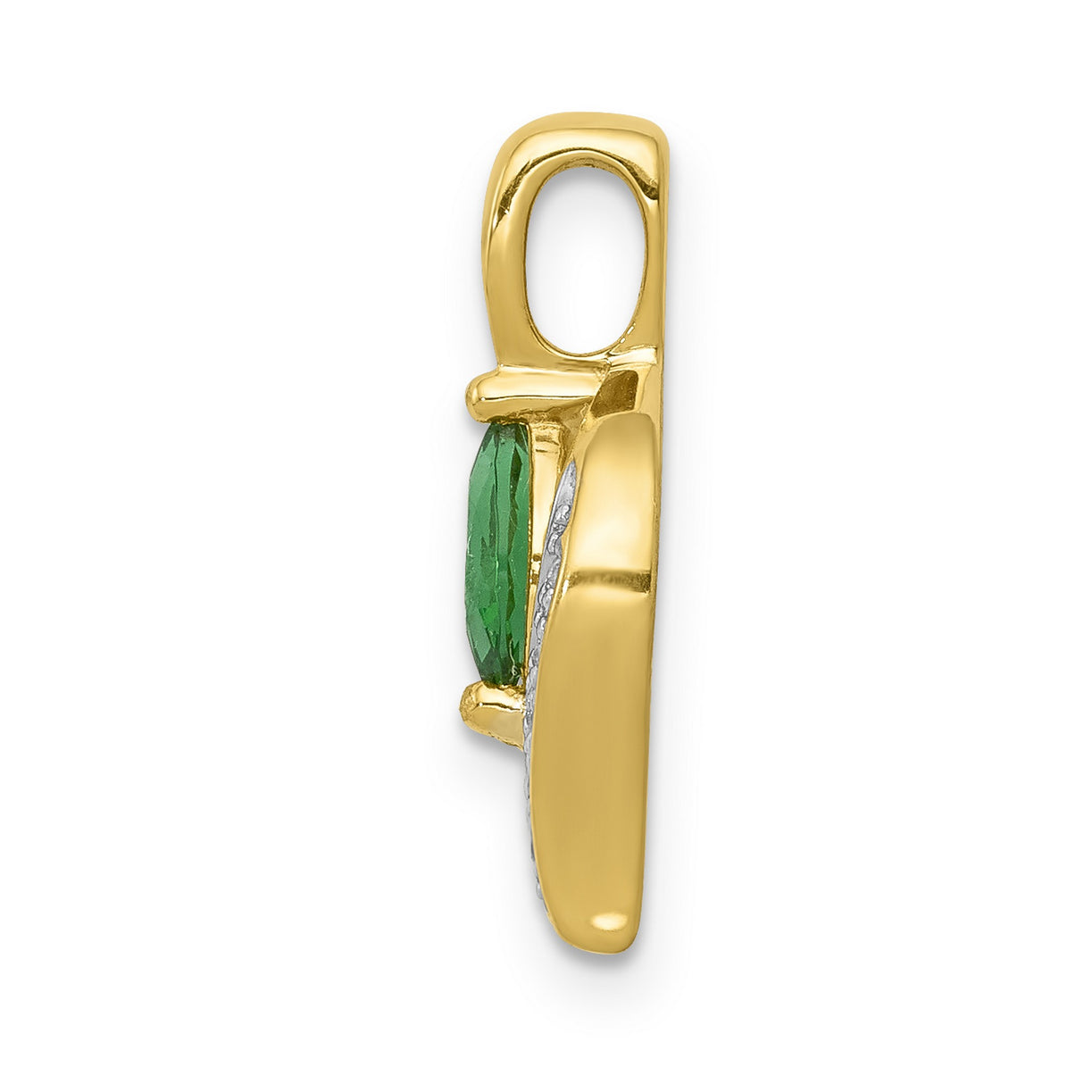 14k Yellow Gold Pendant with Marquise Cut Emerald, Diamond Accents, Leaf Design