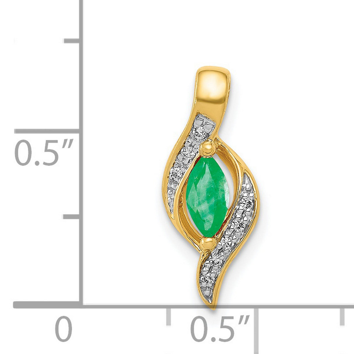 14k Yellow Gold Pendant with Marquise Cut Emerald, Diamond Accents, Leaf Design