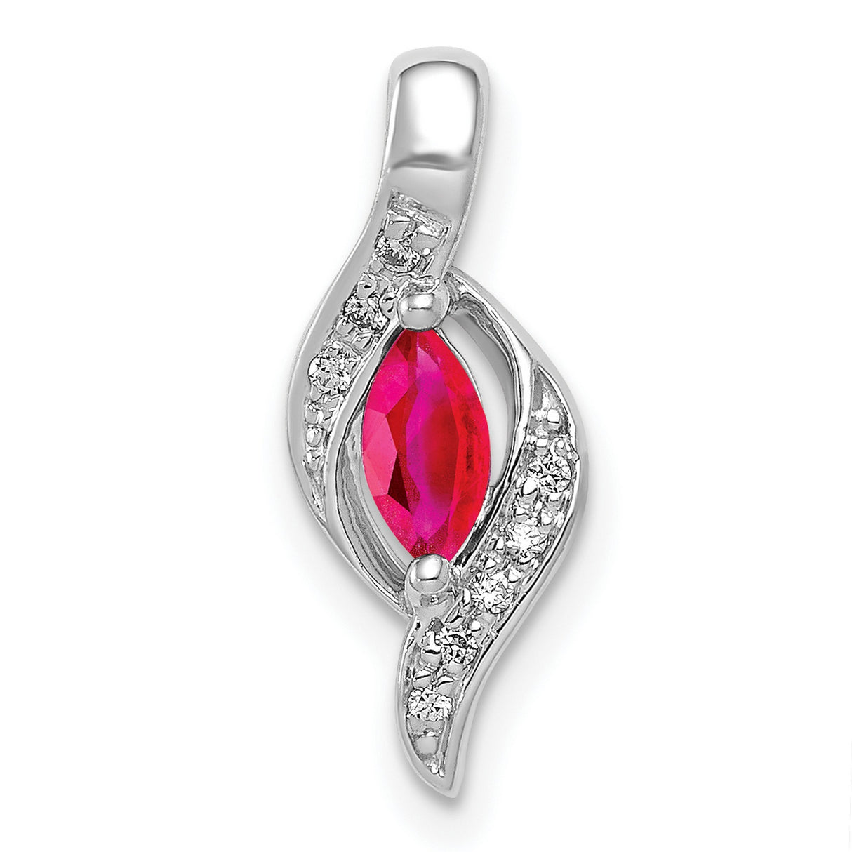 10k White Gold Pendant with Marquise Cut Ruby and Diamond Accents, Modern Flowing Design