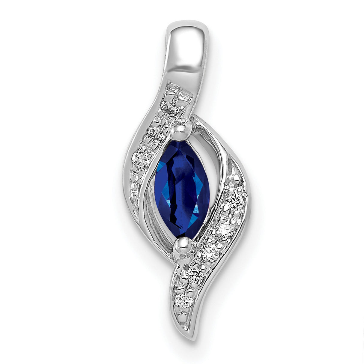 14k White Gold Pendant with Marquise Blue Sapphire and Diamond Accents, Wavy Design